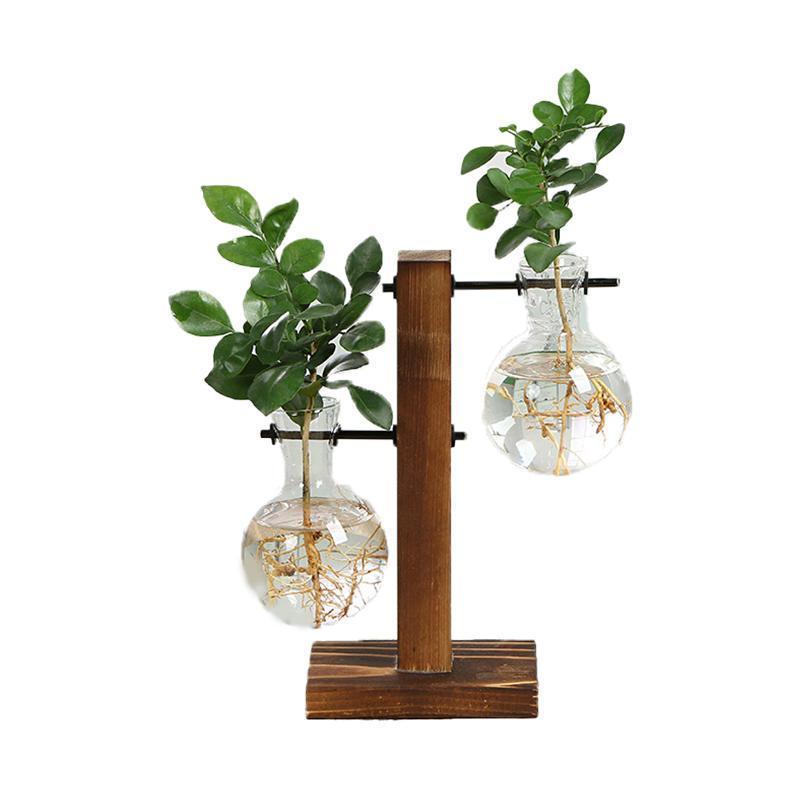 Wooden Stand Glass Flower Vase Hydroponic Hanging Plant Terrarium Container - C