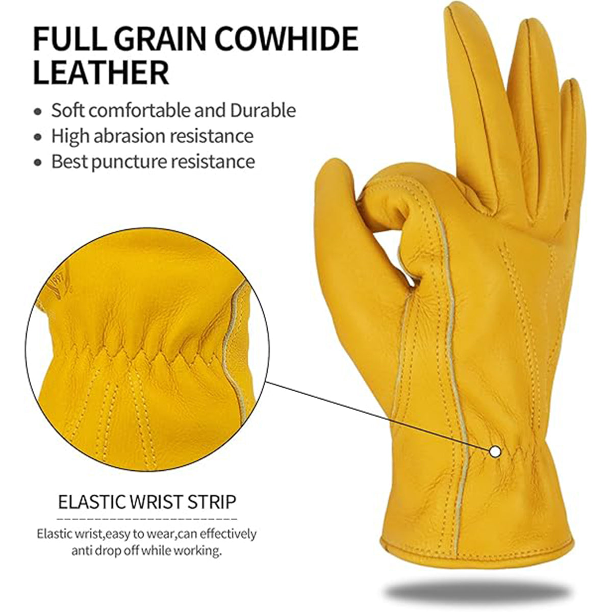 Golden Yellow Cowhide Work Gloves Full Finger Gardening DIY Home Maintenance Use - L