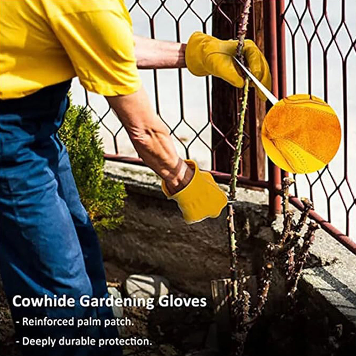 Golden Yellow Cowhide Work Gloves Full Finger Gardening DIY Home Maintenance Use - M