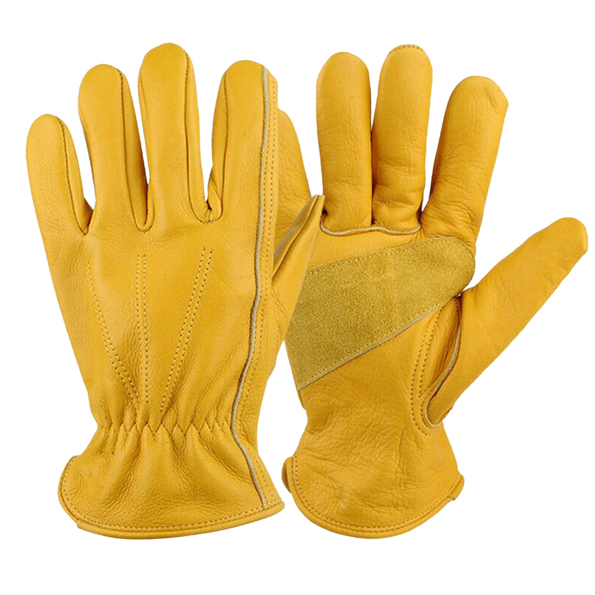 Golden Yellow Cowhide Work Gloves Full Finger Gardening DIY Home Maintenance Use - M