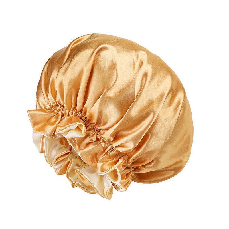Womens Satin Sleep Cap Bonnet Elastic Wide Band Hair Sleeping Hat - Gold
