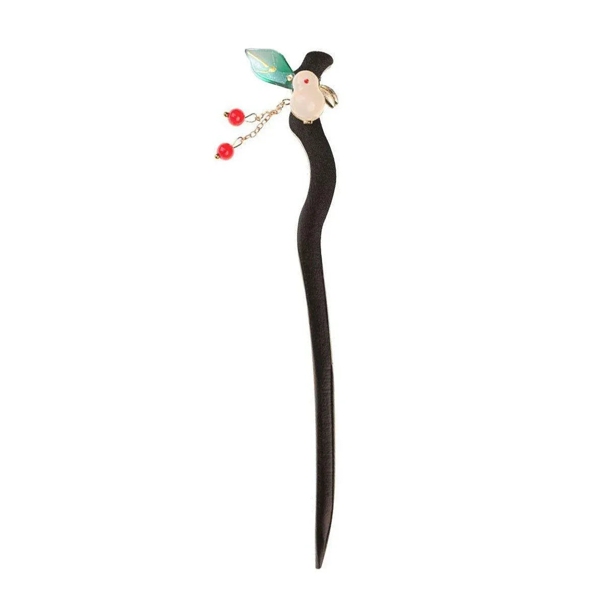 1-Piece Black Hairpin with Green Leaf and Red Bead Details