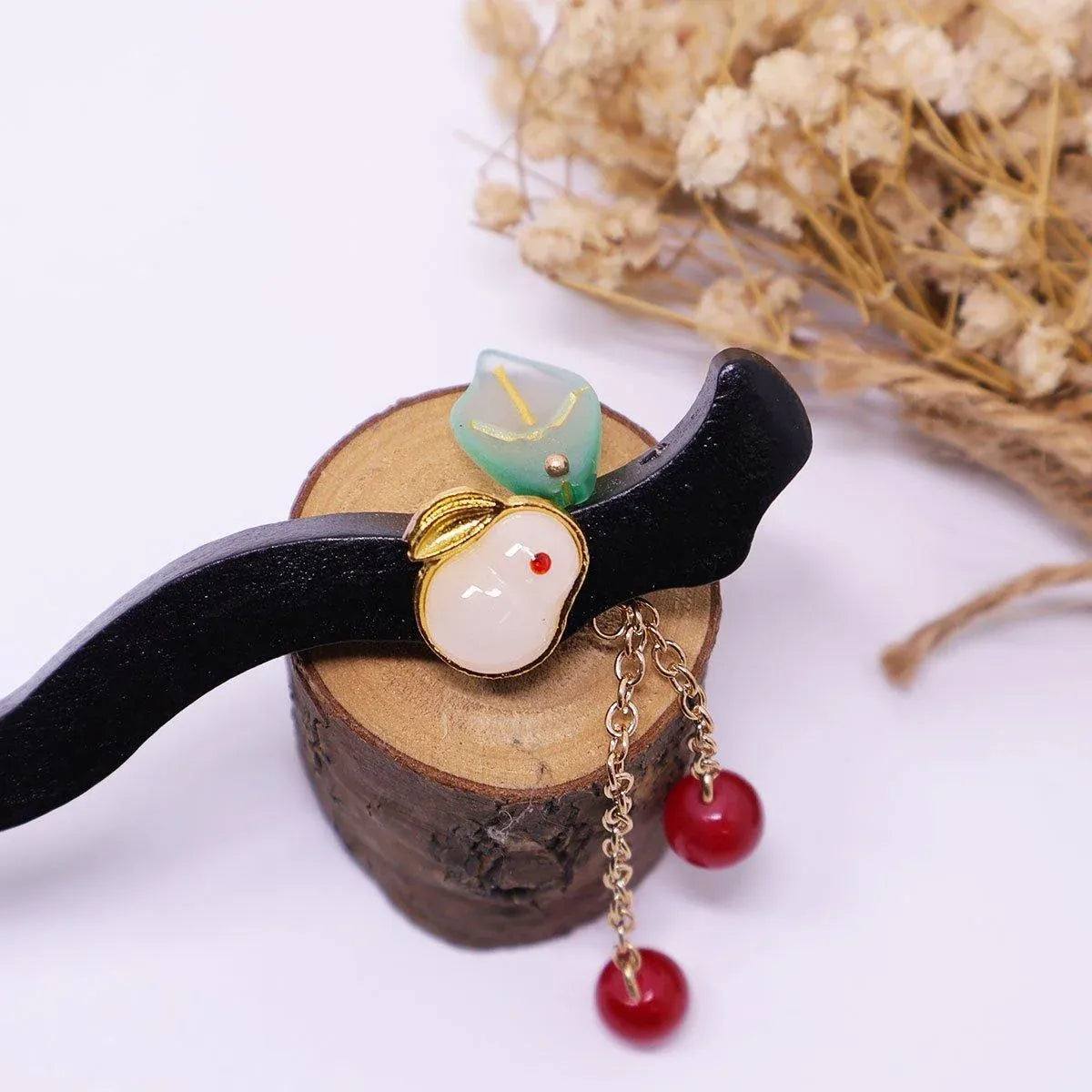 1-Piece Black Hairpin with Green Leaf and Red Bead Details