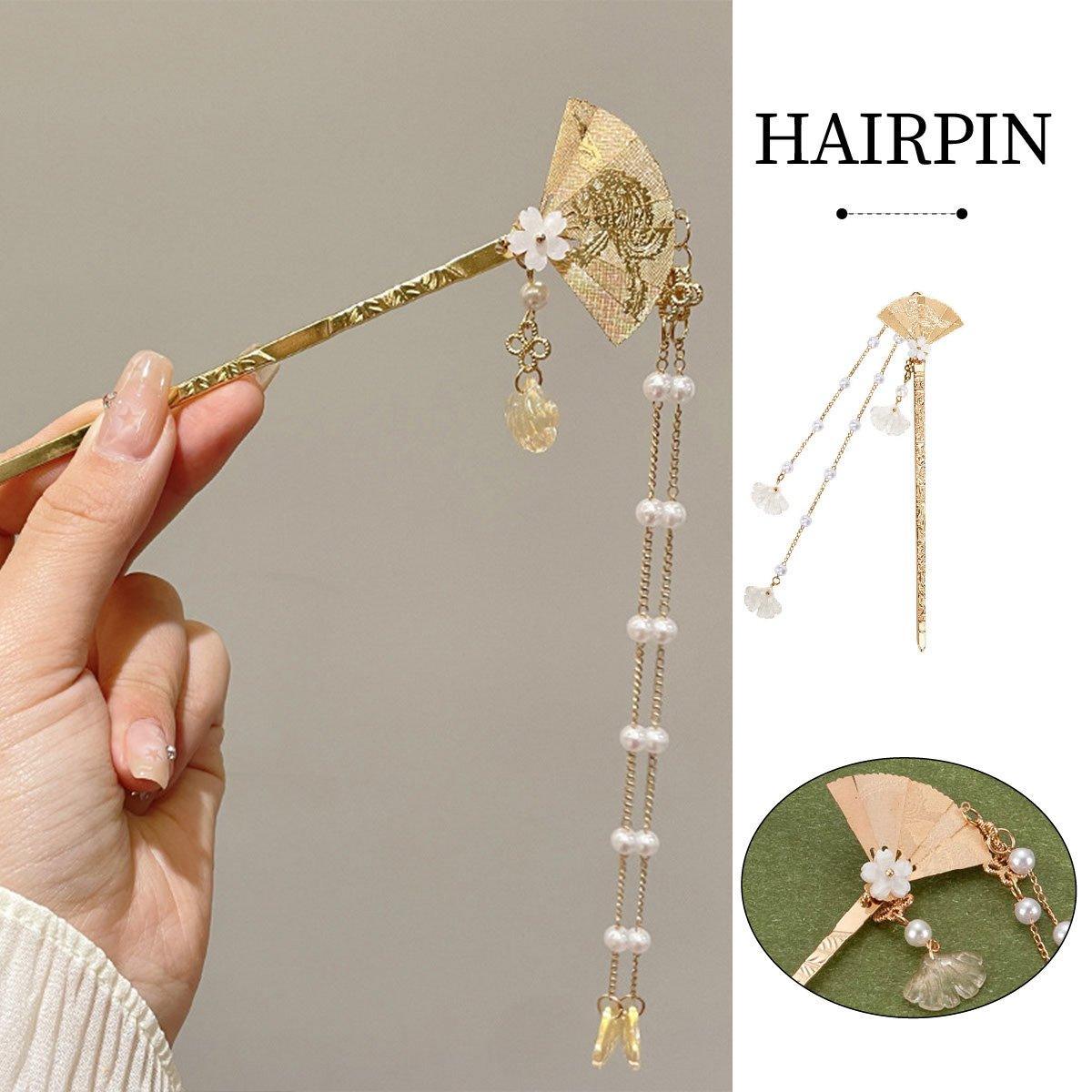 Chinese Style Hanfu Hairpin Folding Fan Fringe Headdress Accessories