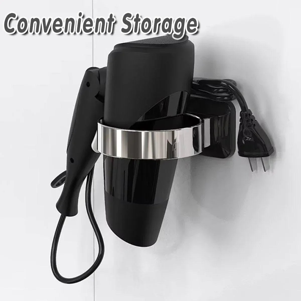 1-Piece Black and Silver Wall-Mounted Hair Dryer Holder