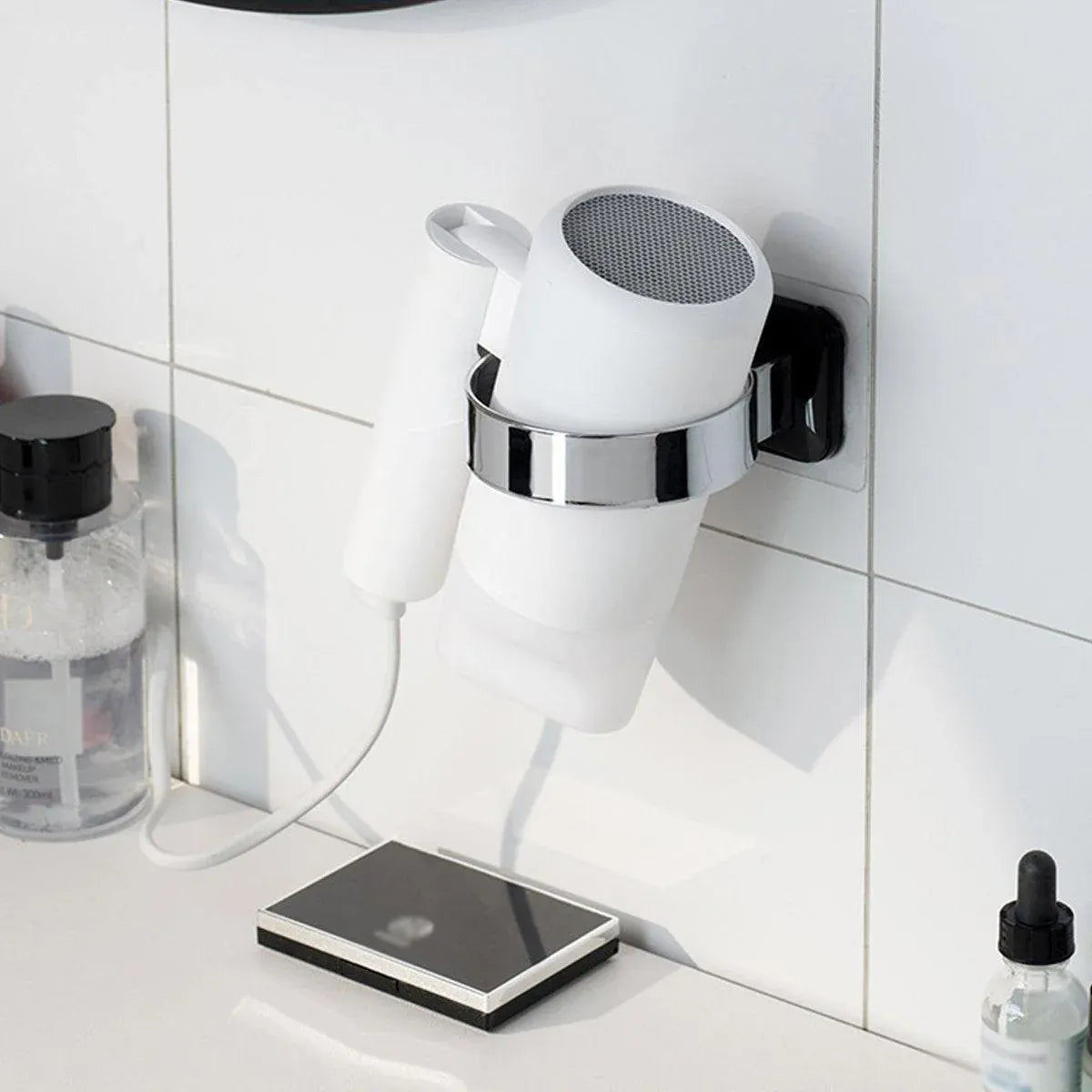 1-Piece Black and Silver Wall-Mounted Hair Dryer Holder