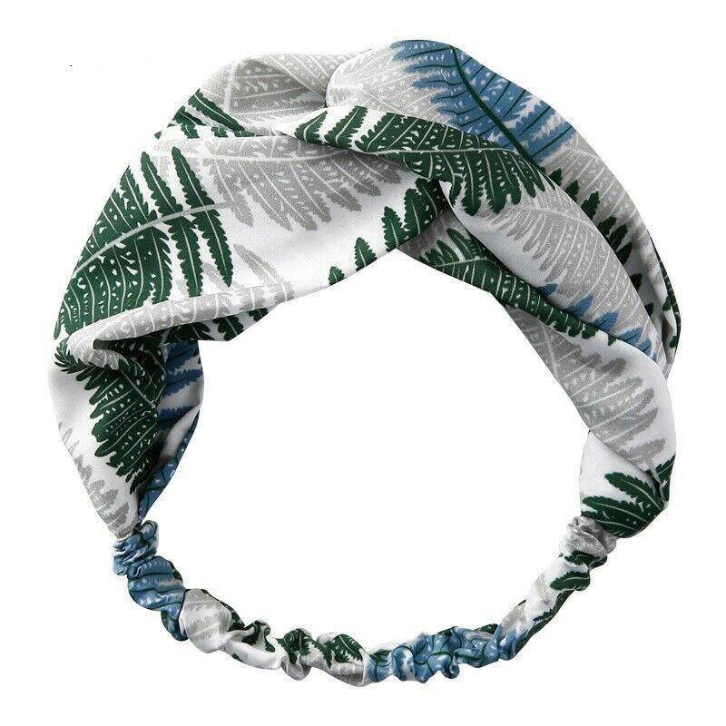 Women Chiffon Floral Print Headband Fashion Bohemian Elastic Cross Hair Bands - Blue+Grey