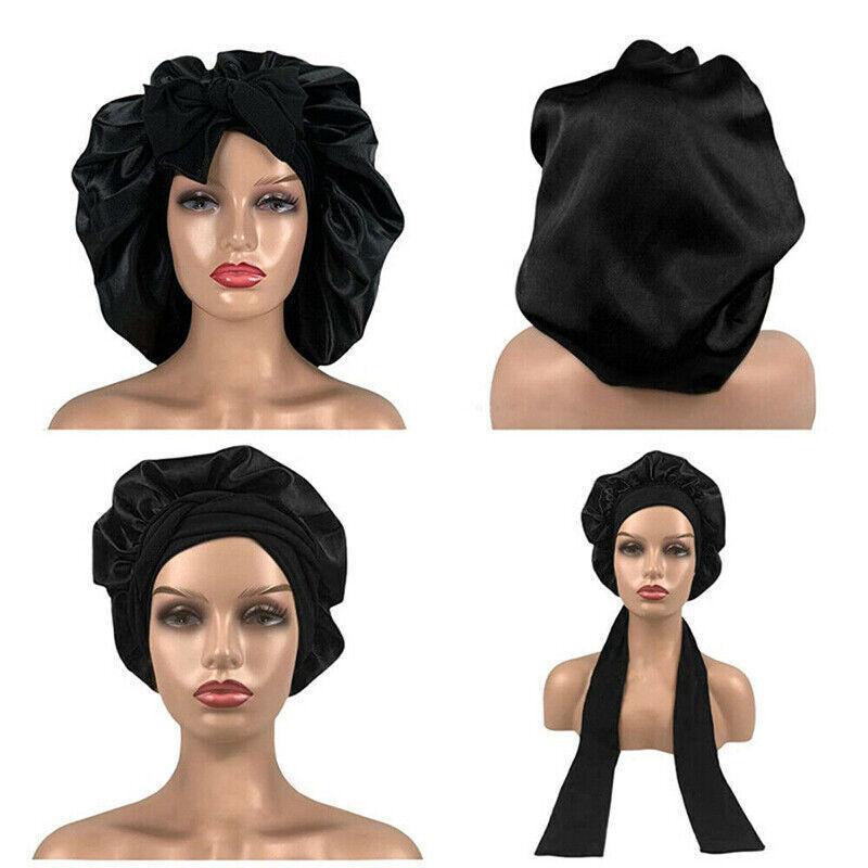 Sleeping Bonnet Hair Wrap Silk Satin Cap Women Elastic Night Hat Soft Headwear - Blue