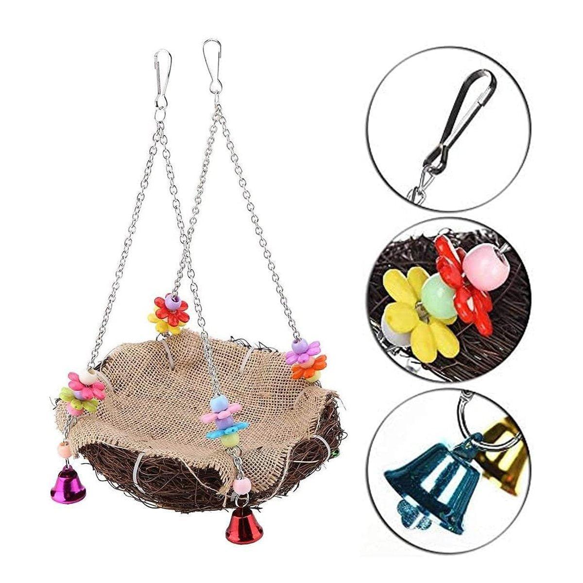 Bird Parrot Swing Stand Rattan Nest Hanging Basket Chew Toy for Small Medium Pet - L-20cm