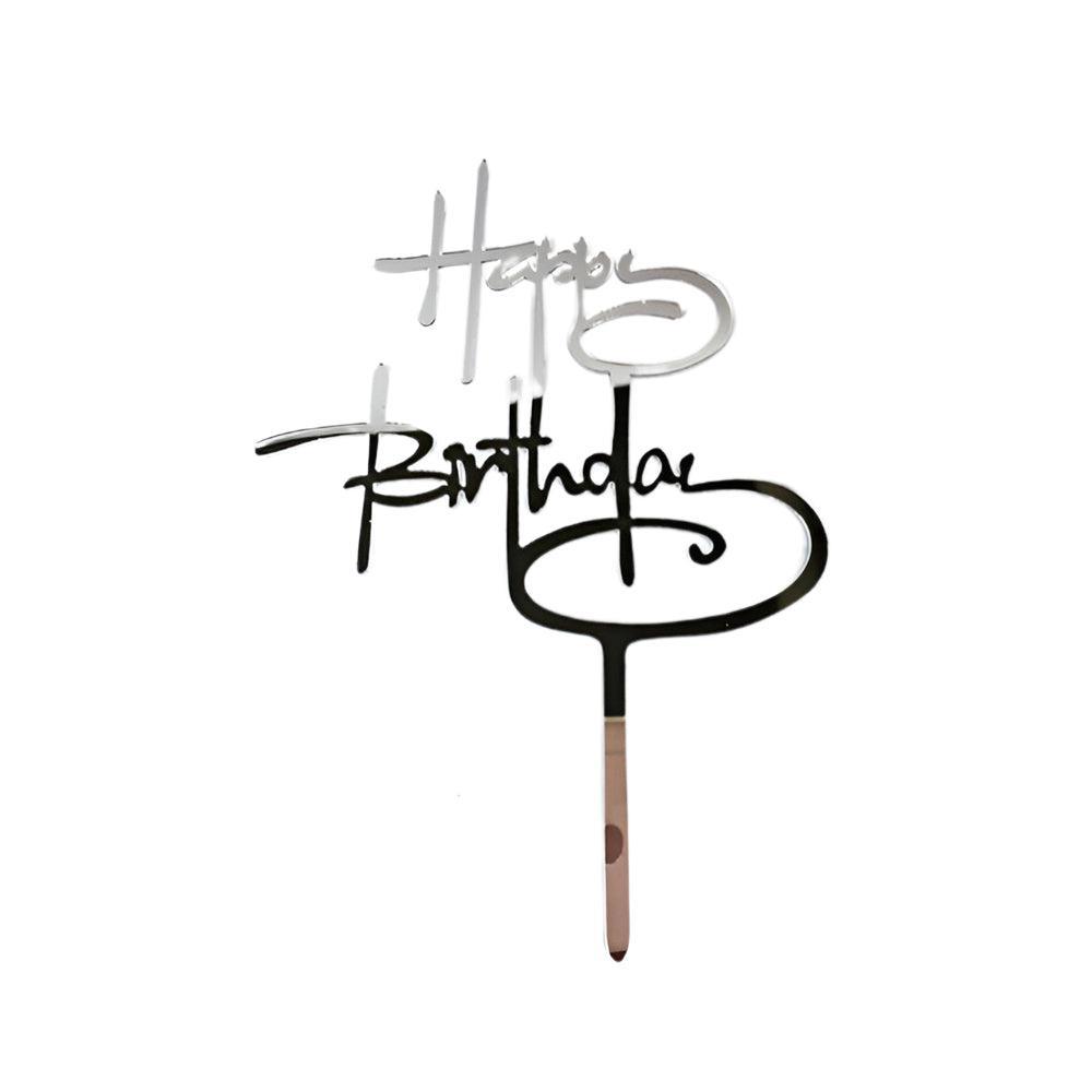 Acrylic Home Happy Birthday Decor Baking Cake Topper Card Party Decor Supply - Silver S24
