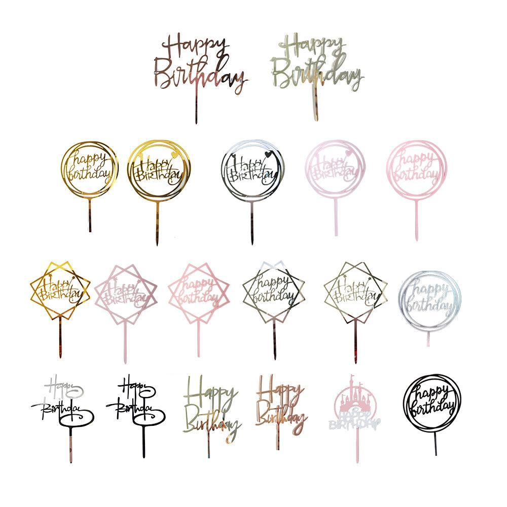 Acrylic Home Happy Birthday Decor Baking Cake Topper Card Party Decor Supply - Silver S31