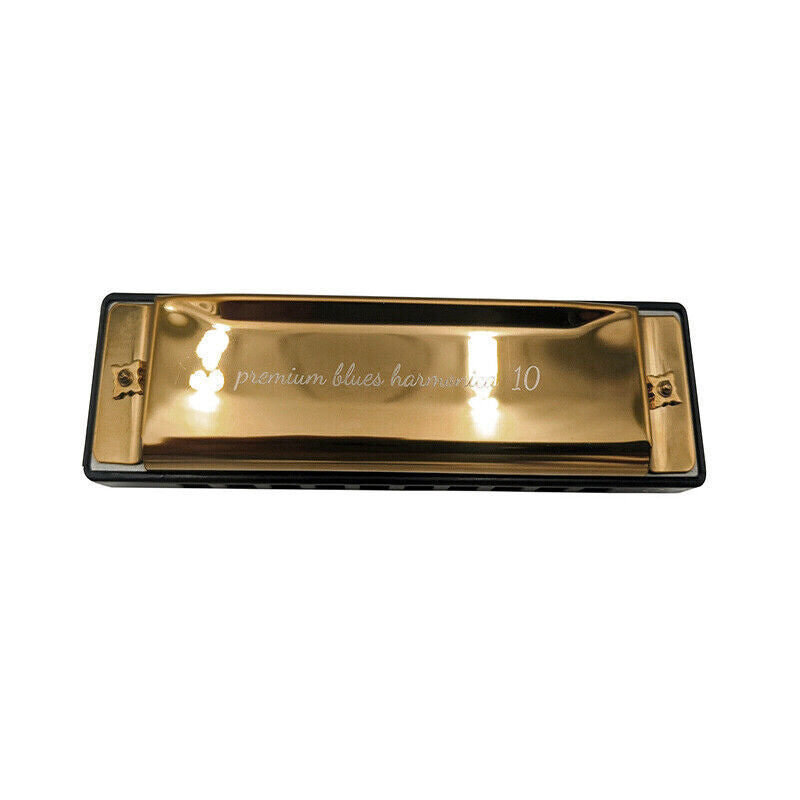 Harmonica 10 Holes Key Of C Blue Blues Harp Stainless Steel Brass - Gold