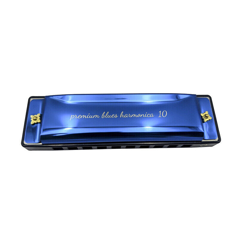 Harmonica 10 Holes Key Of C Blue Blues Harp Stainless Steel Brass - Gold