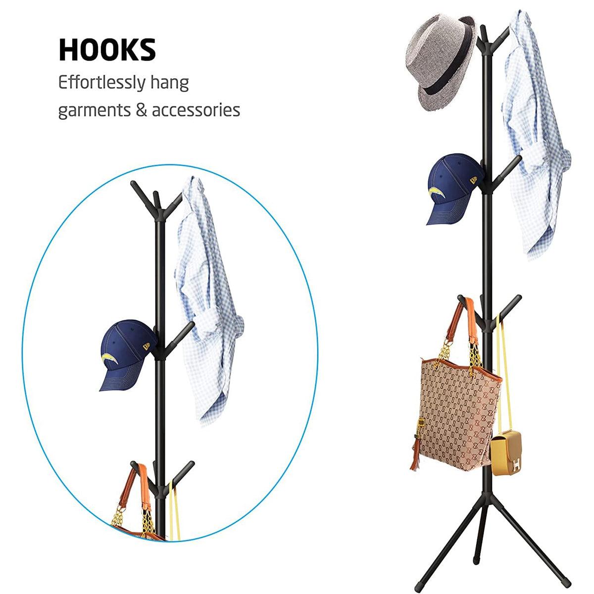6Hooks Coat Stand Rack Clothes Hanger Hat Tree Jacket Umbrella Storage Organizer - Black