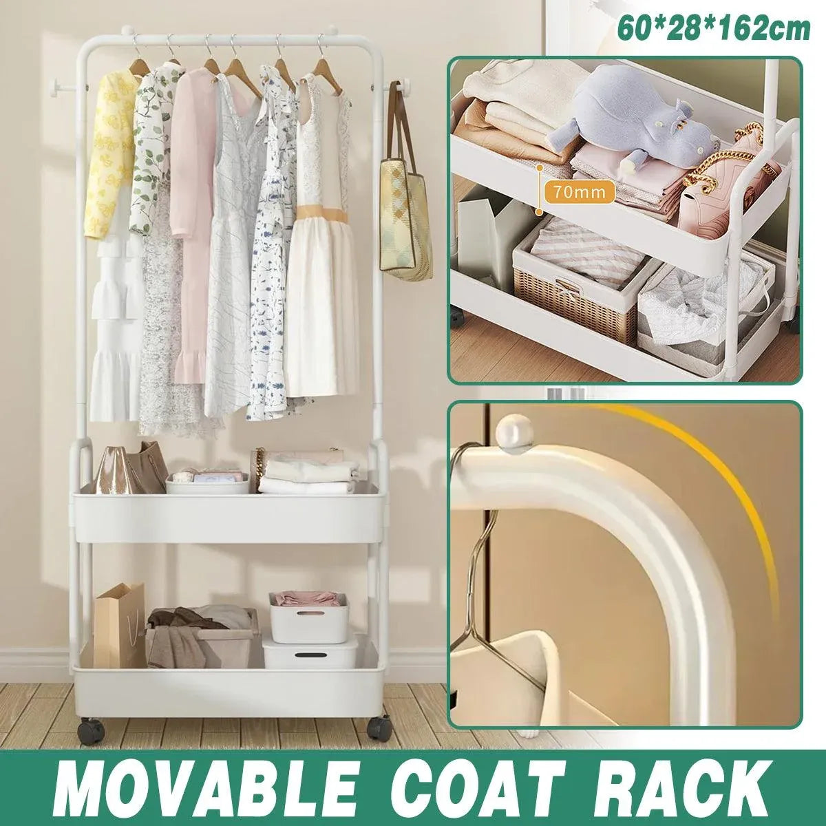 1-Piece Mobile Clothes Rack with Rail and Storage Baskets, White