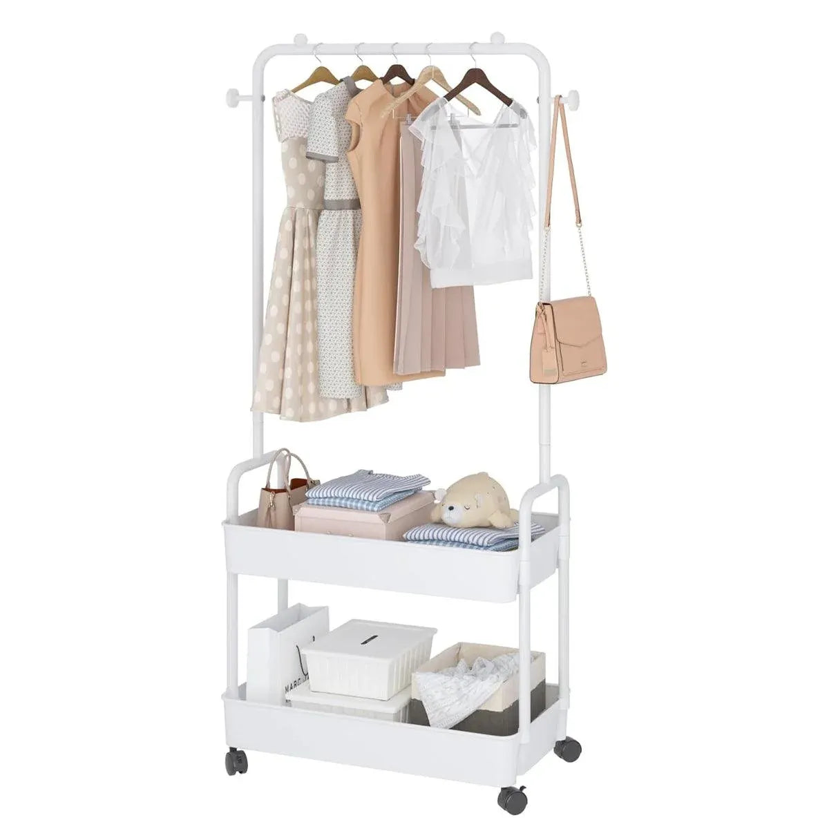 1-Piece Mobile Clothes Rack with Rail and Storage Baskets, White
