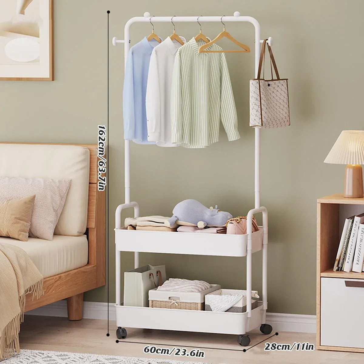 1-Piece Mobile Clothes Rack with Rail and Storage Baskets, White