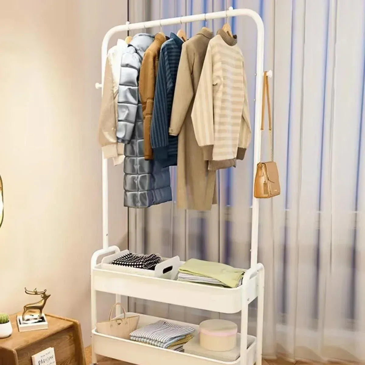 1-Piece Mobile Clothes Rack with Rail and Storage Baskets, White