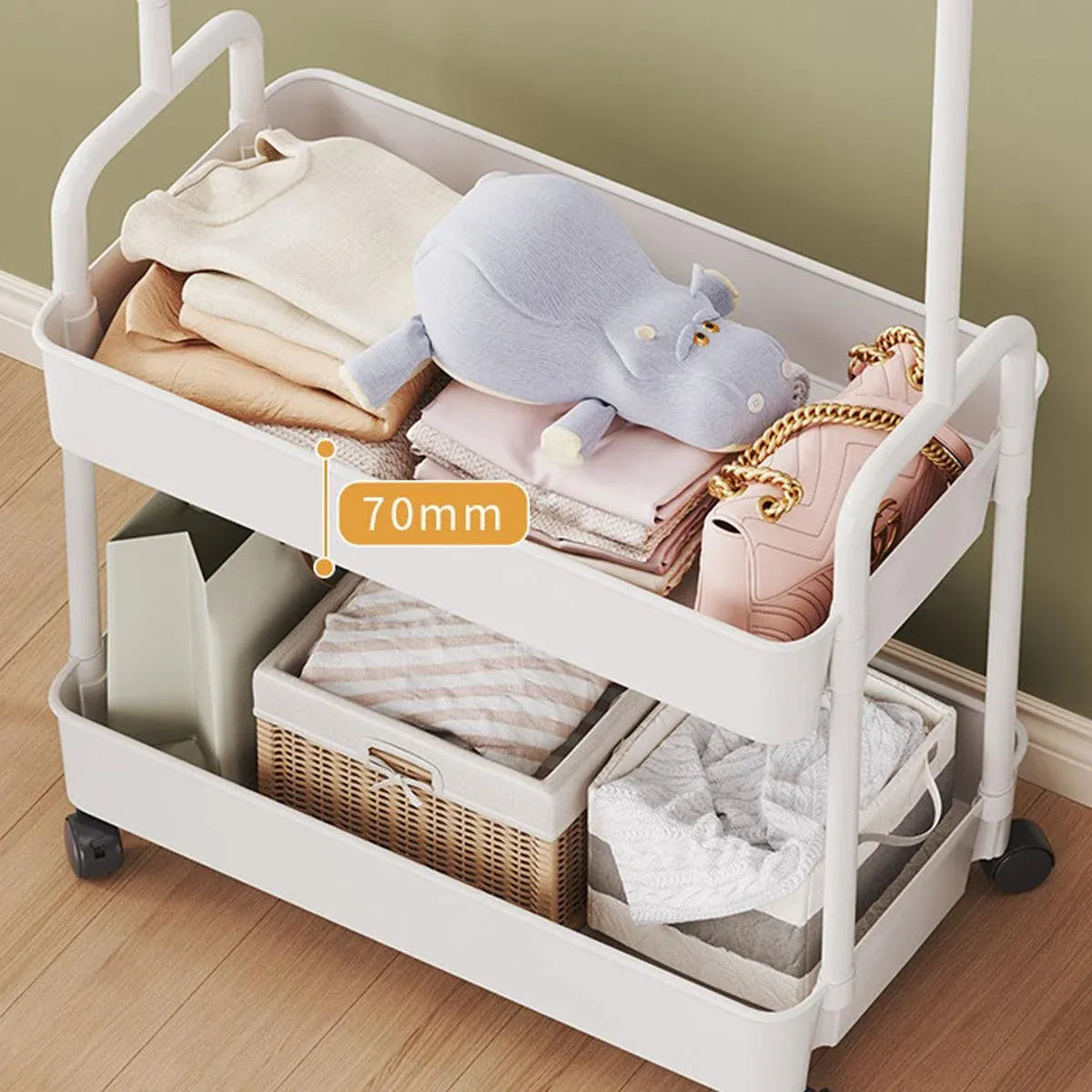 1-Piece Mobile Clothes Rack with Rail and Storage Baskets, White