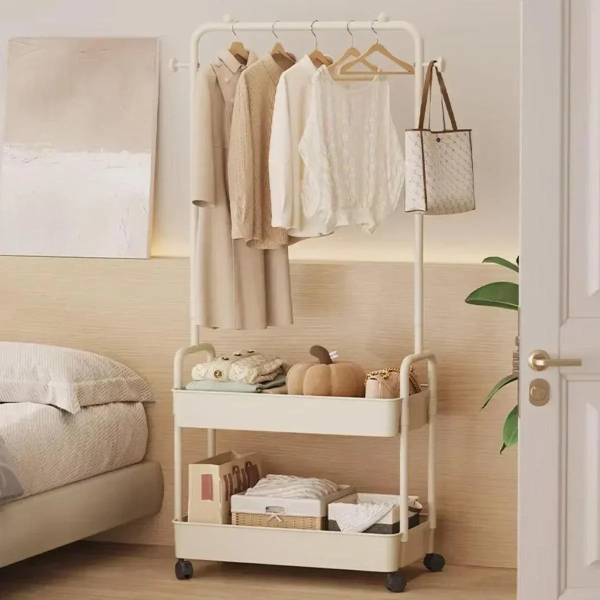 1-Piece Mobile Clothes Rack with Rail and Storage Baskets, White