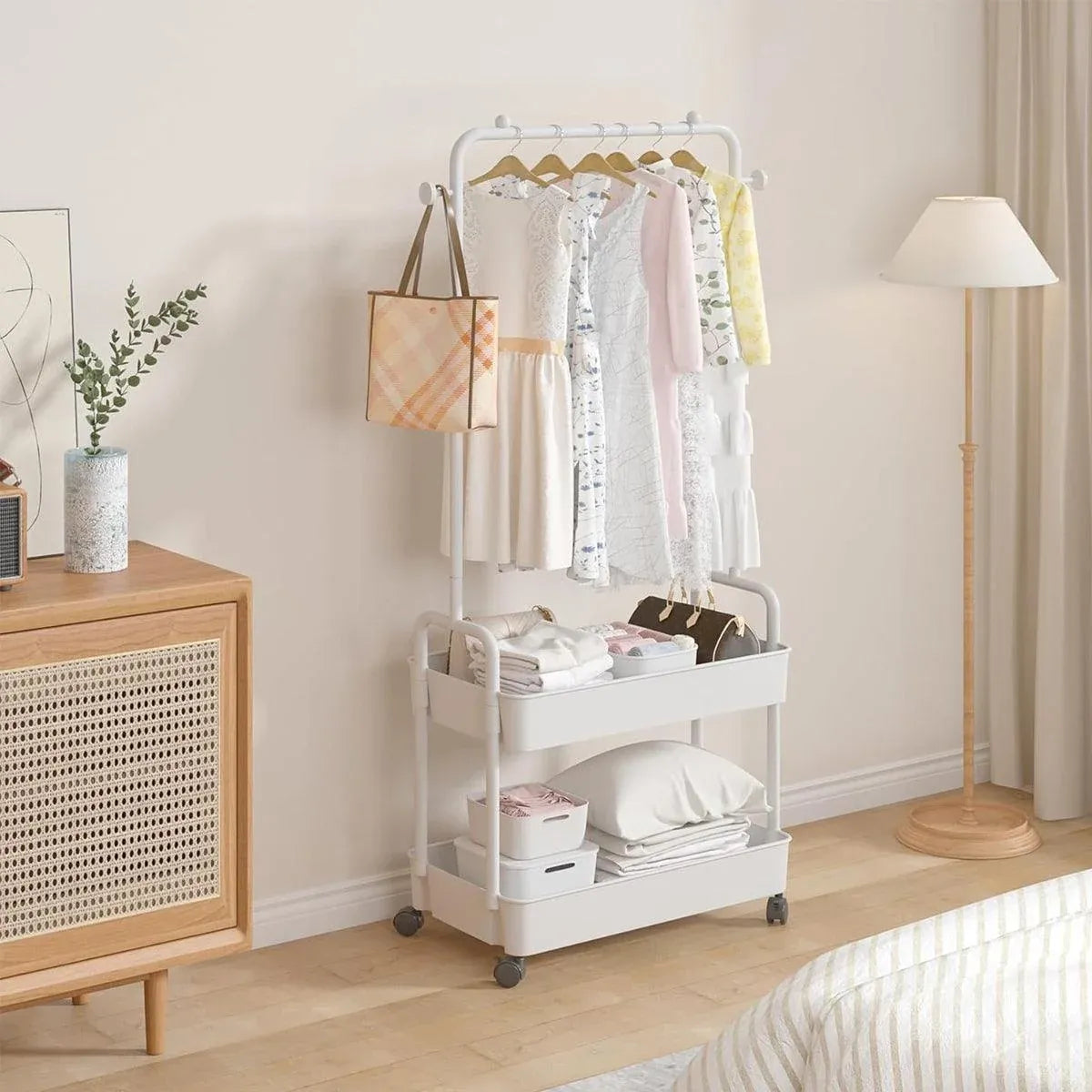 1-Piece Mobile Clothes Rack with Rail and Storage Baskets, White
