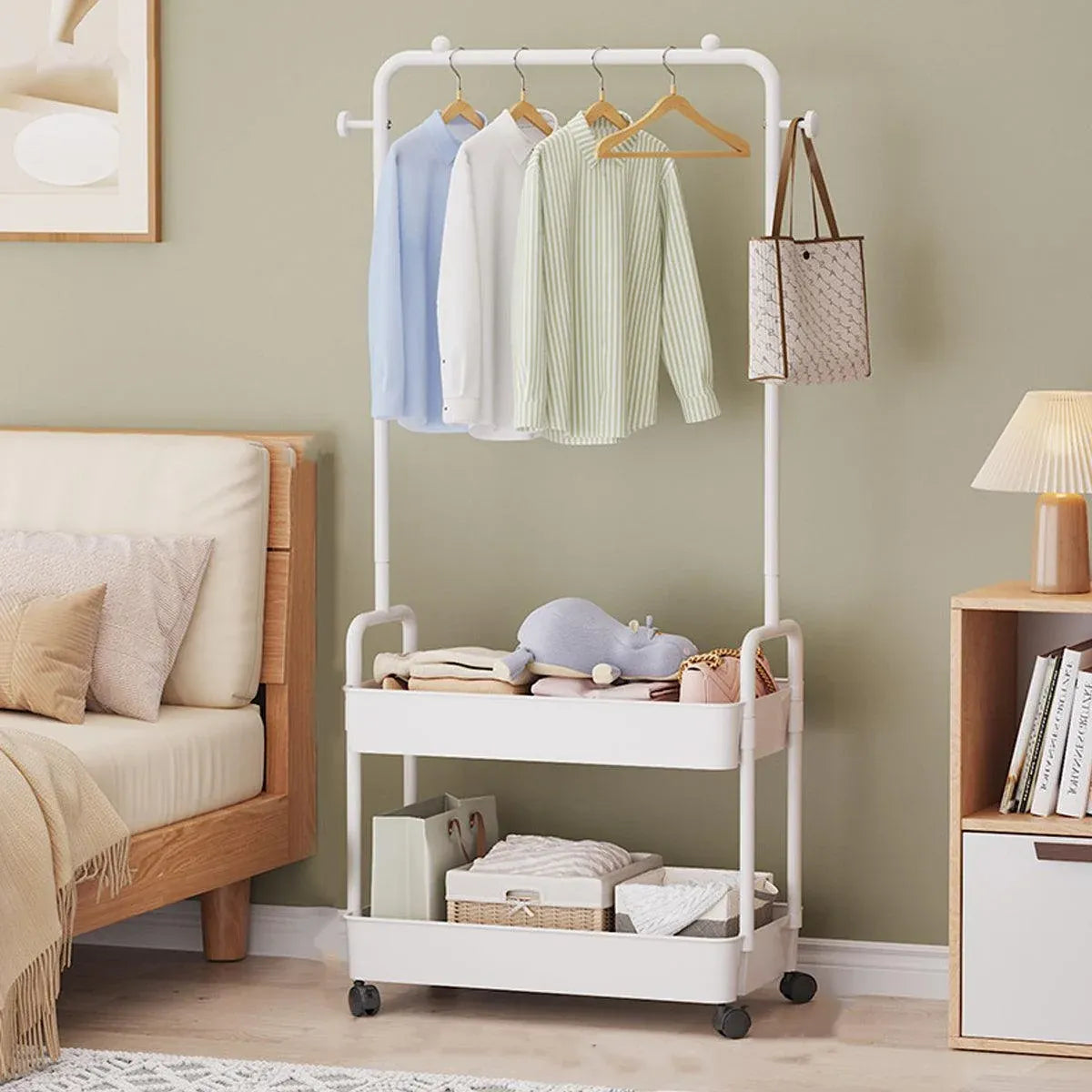 1-Piece Mobile Clothes Rack with Rail and Storage Baskets, White