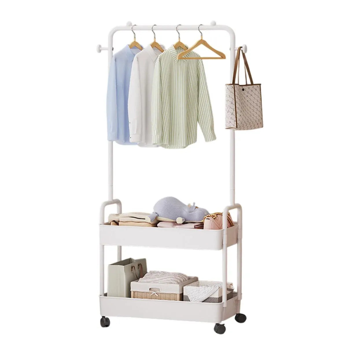 1-Piece Mobile Clothes Rack with Rail and Storage Baskets, White