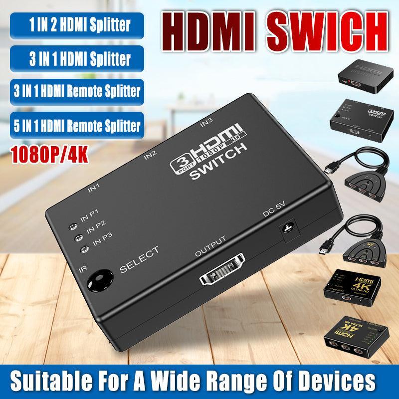 HDMI Switch Splitter 3-in-1 5-in-1 or 1-in-2 1080p 4K Manual or Remote Options - 3 in 1 Switch 1080p Remote