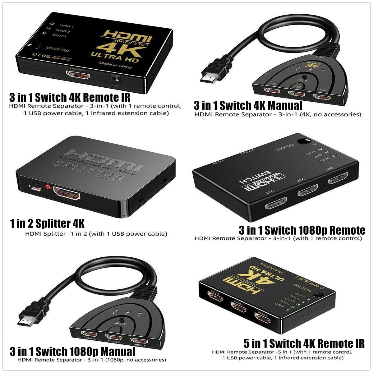 HDMI Switch Splitter 3-in-1 5-in-1 or 1-in-2 1080p 4K Manual or Remote Options - 3 in 1 Switch 1080p Remote