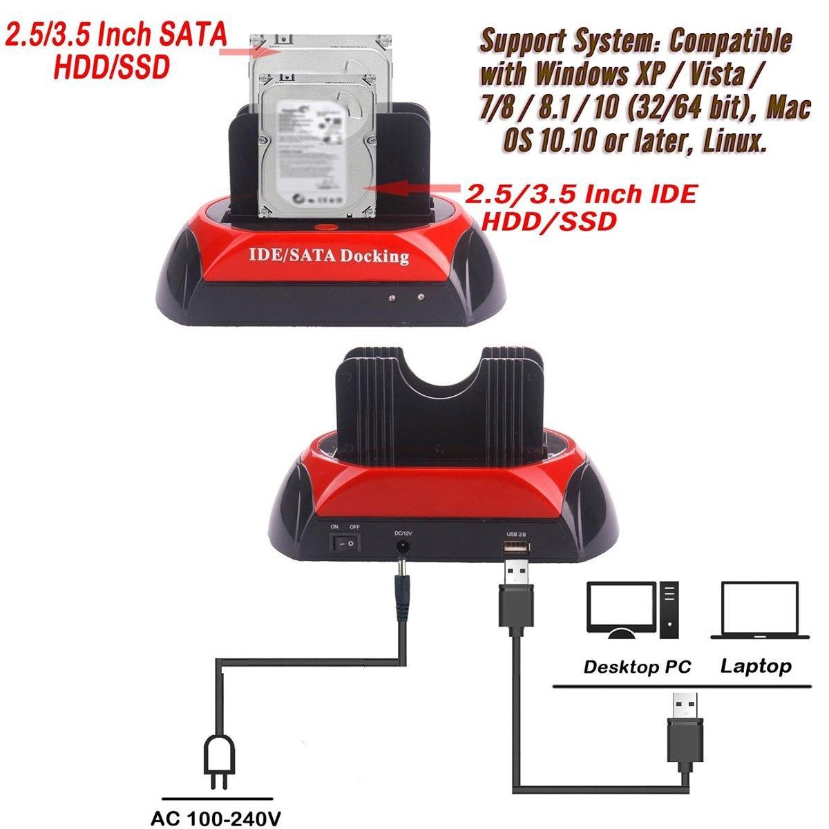 Dual SATA IDE HDD Docking Station 2.5" 3.5" Hard Disk Drive Dock Reader OTB Card