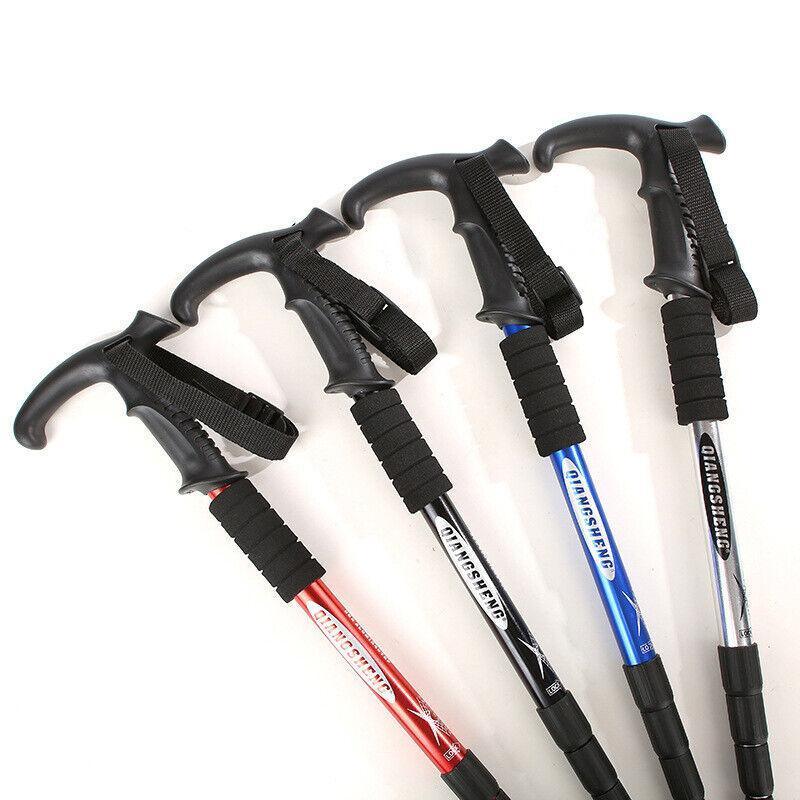 Folding Walking Stick Telescopic Adjustable Antishock Hiking Grip Pole Trekking - Red