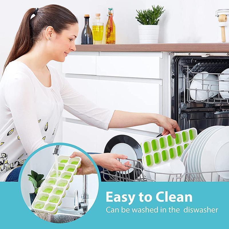 4Pcs Ice Cube Tray With Lid Easy Release Silicone Mould 14 Cubes Container Mold - Green