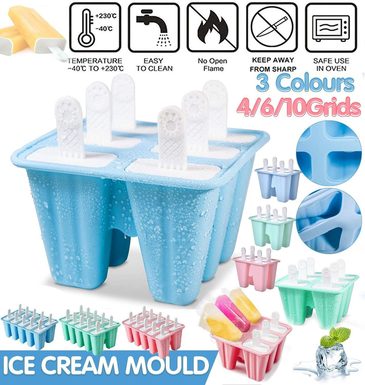 Silicone Ice Cream Mould Block Frozen Molds Icy Pole Jelly Popsicle - Green-6Grid