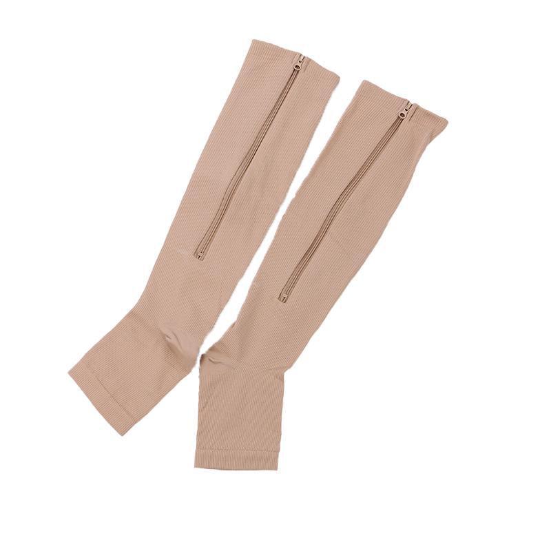 Zip Sox Compression Socks Zipper Leg Support Knee Open Toe Shaper Stockings Beige - S/M