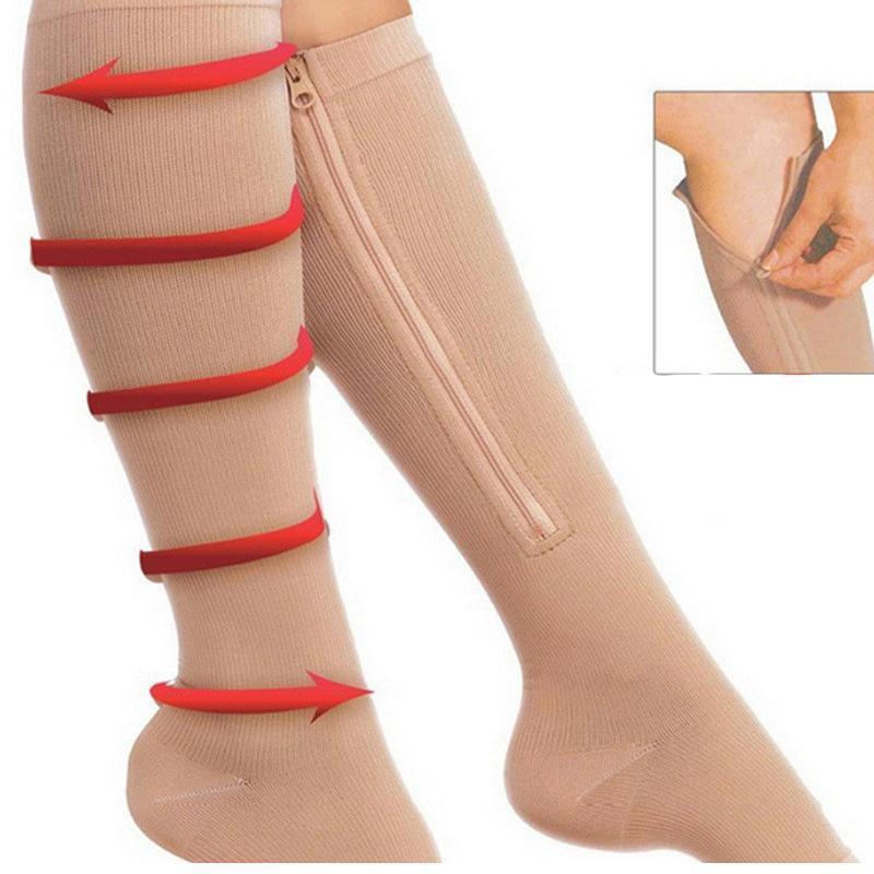 Zip Sox Compression Socks Zipper Leg Support Knee Open Toe Shaper Stockings Beige - S/M