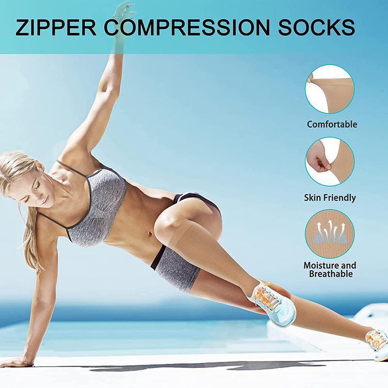 Zip Sox Compression Socks Zipper Leg Support Knee Open Toe Shaper Stockings Beige - S/M