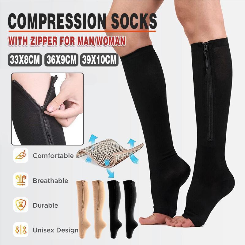 Zip Sox Compression Socks Zipper Leg Support Knee Open Toe Shaper Stockings Beige - L/XL