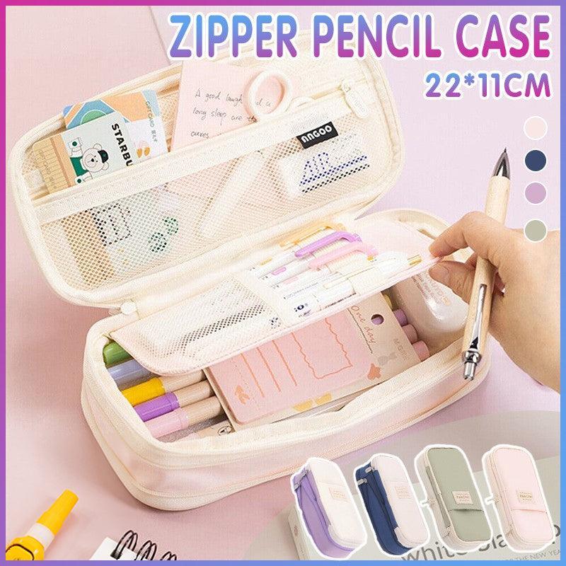 Zipper Pencil Case Pen Bag Organizer School Office Cosmetic Stationery Storage - Beige-Purple