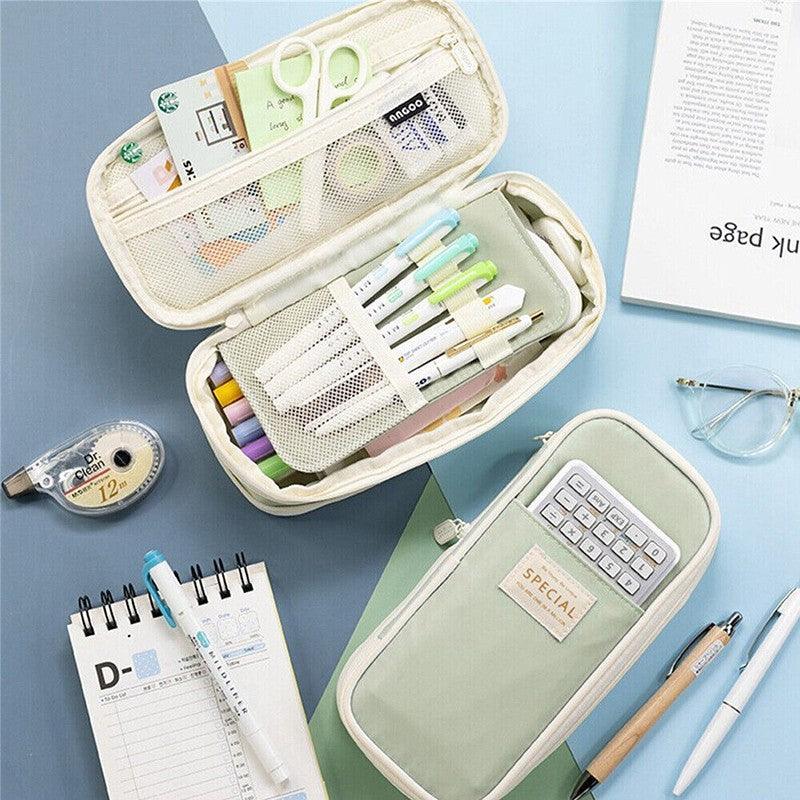 Zipper Pencil Case Pen Bag Organizer School Office Cosmetic Stationery Storage - Beige-Purple