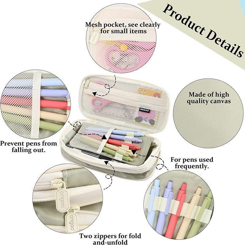 Zipper Pencil Case Pen Bag Organizer School Office Cosmetic Stationery Storage - Beige-Dark Blue