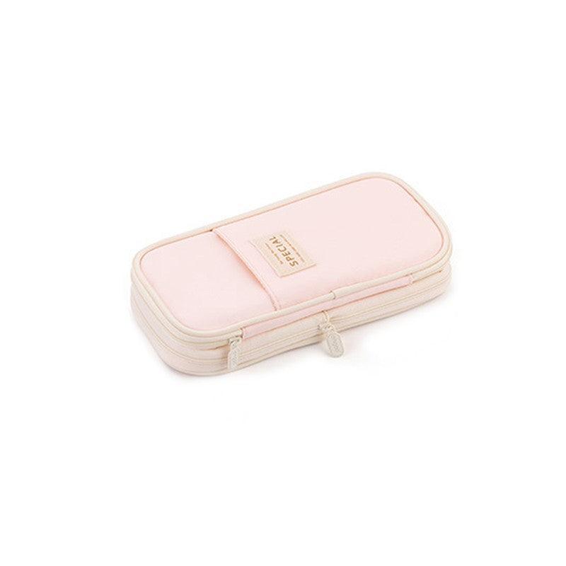 Zipper Pencil Case Pen Bag Organizer School Office Cosmetic Stationery Storage - Beige-Dark Blue