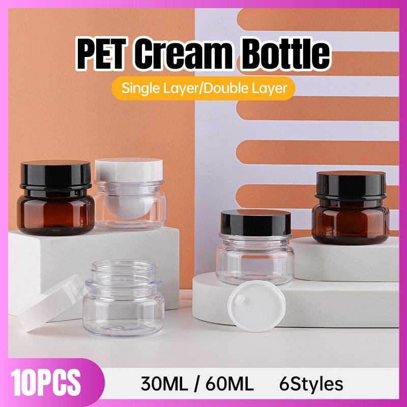10pcs PET Plastic Cosmetic Bottles Refillable Travel Face Cream Containers - 60ml-Transparent+Black-Single