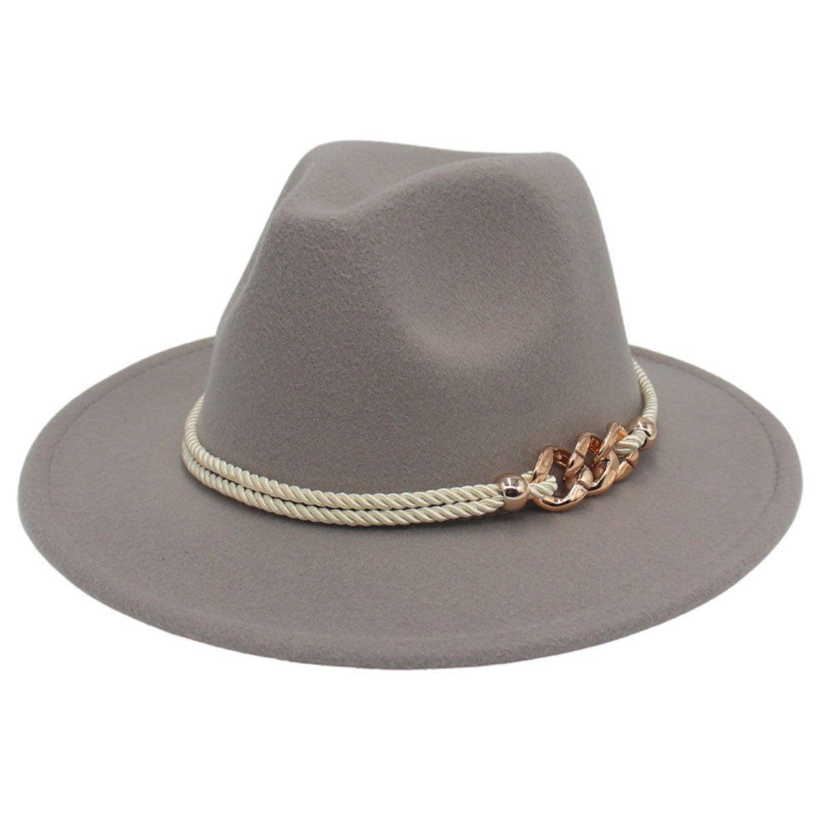 Jazz Hat Autumn Winter Retro Large Brim Hat for Men and Women Stylish Headwear - Light Grey