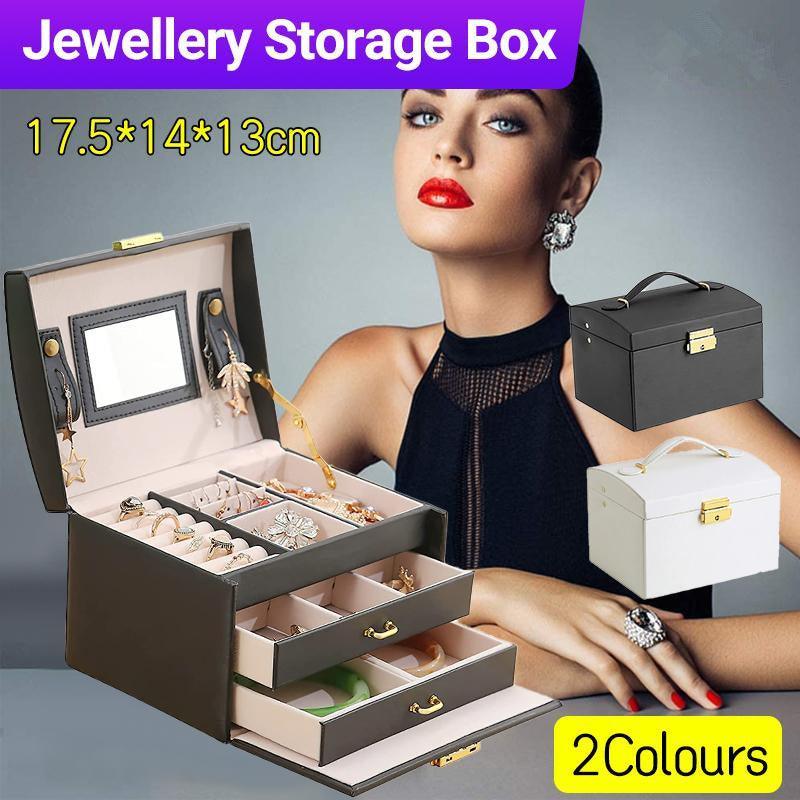 Jewellery Box Organizer Case Holder Storage Earring Ring Jewelry Display Leather - White
