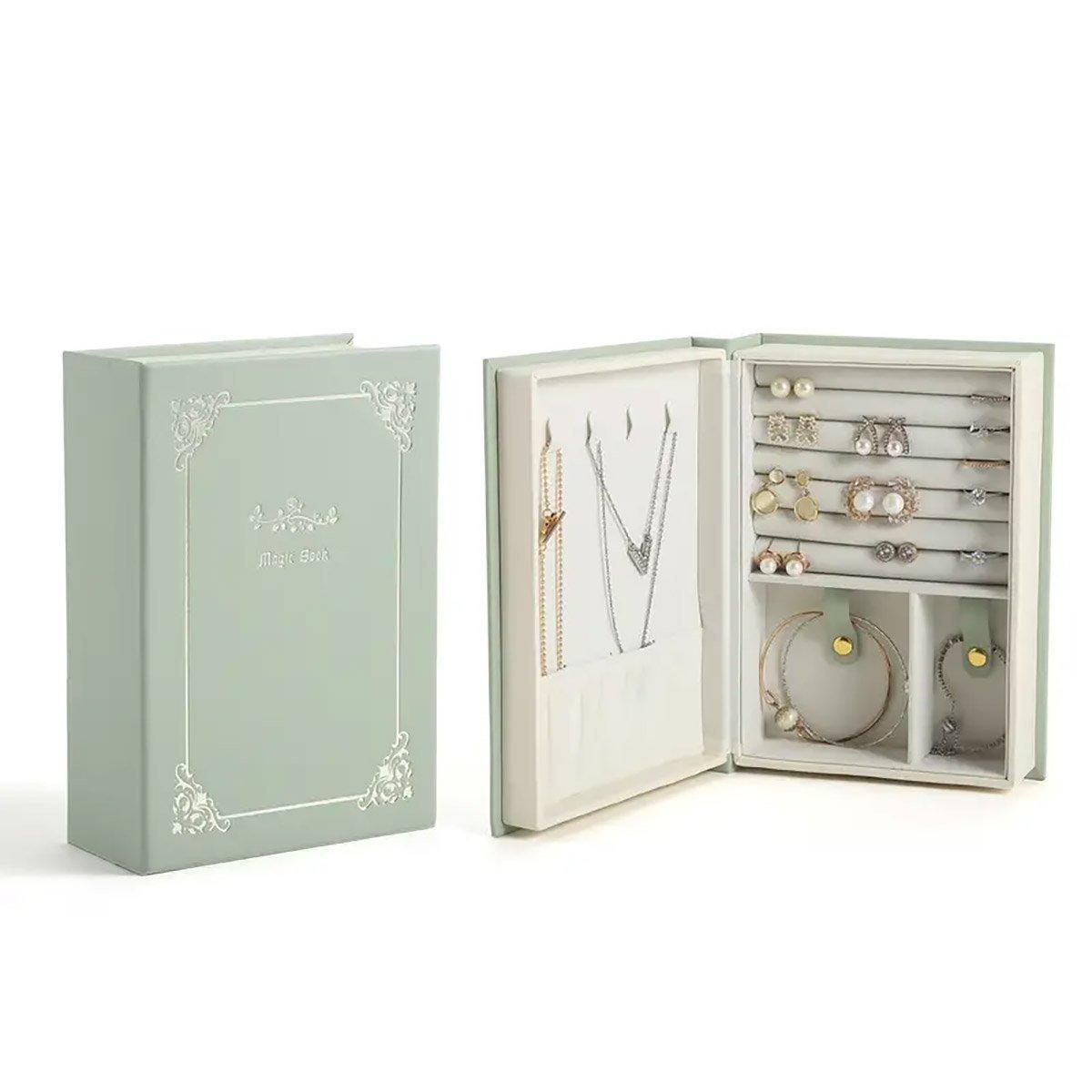 Creative PU Leather Jewelry Box Book Earrings Rings Necklace Organizer Holder - Green
