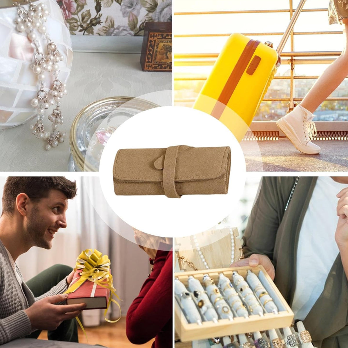 Portable Microfiber Jewelry Storage Bag Roll Organizer for Earrings Necklaces - Brown