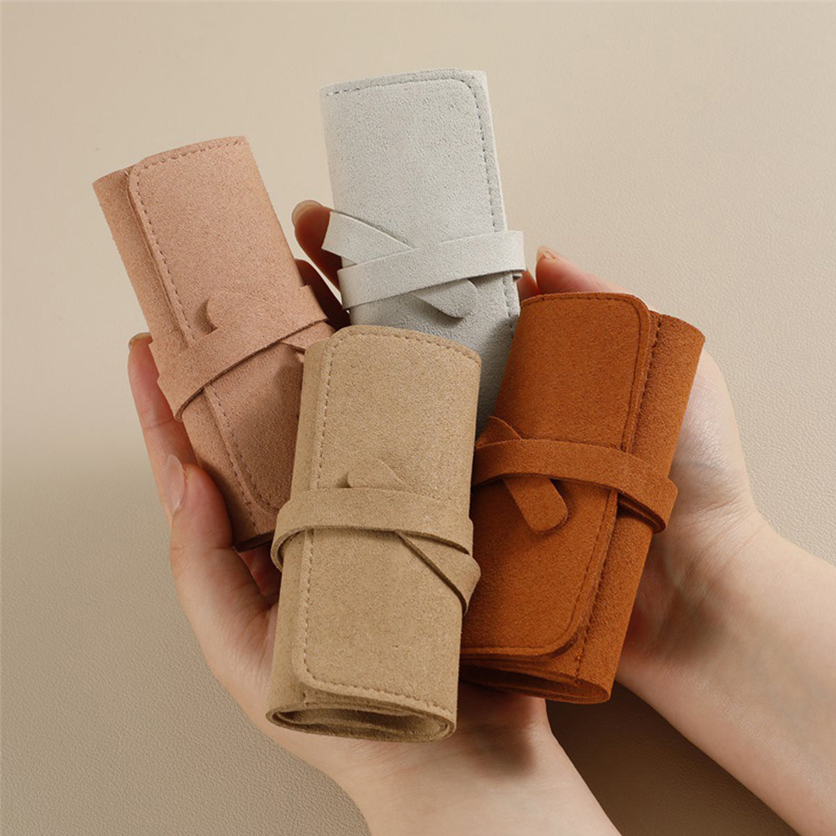 Portable Microfiber Jewelry Storage Bag Roll Organizer for Earrings Necklaces - Brown