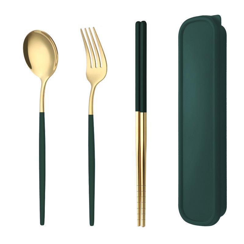 5PC Stainless Steel Portable Cutlery Set -  Fork Spoon for Travel & Picnic - Green