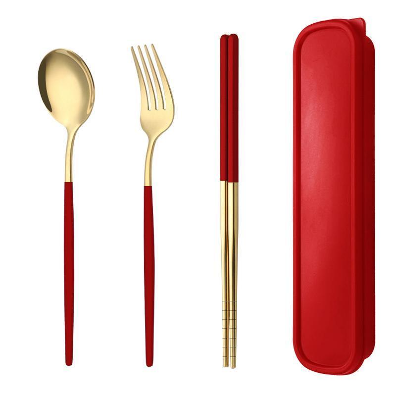 5PC Stainless Steel Portable Cutlery Set -  Fork Spoon for Travel & Picnic - Red