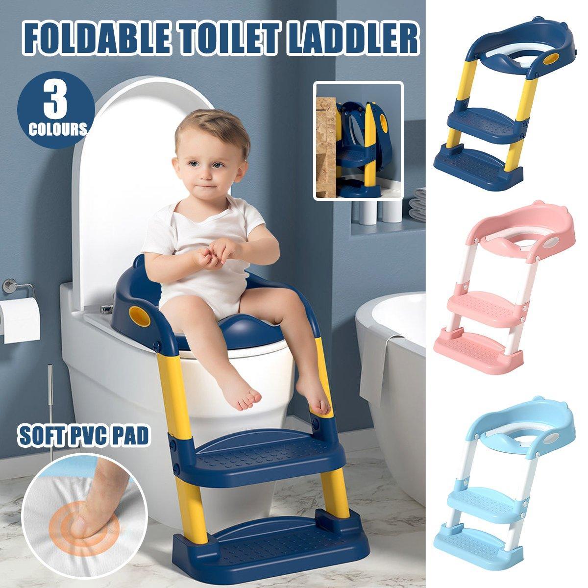 Potty Training Toilet Seat Chair with Ladder Step-Up Stool Foldable Design - Sky Blue